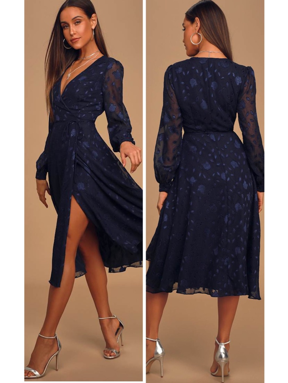 Lulus Evening of Elegance Navy Blue Floral Jacquard Wrap Midi Dress Size XL NWT